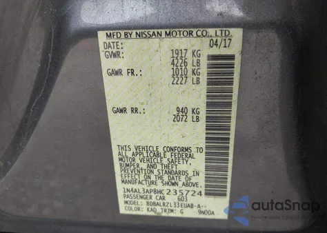 2017 Nissan Altima 2.5 Sl from USA, damaged, VIN 1N4AL3AP8HC235724